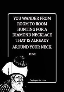Rumi Quotes - You wander from room to room hunting for a diamond necklace that is already around your neck. - Rumi
